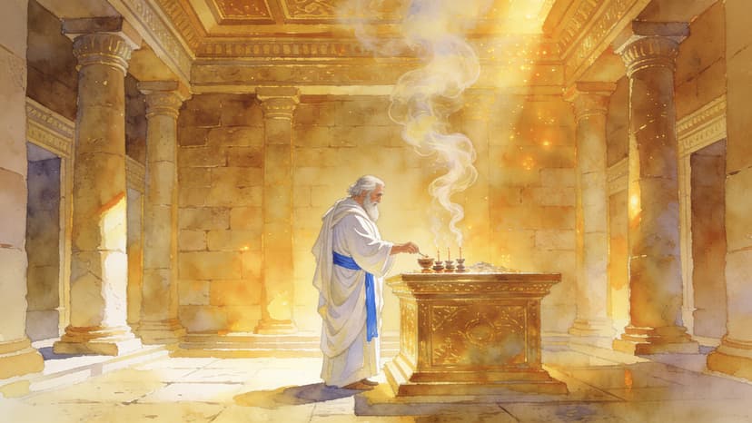An elderly priest alone in the golden-lit Holy Place of the temple, incense smoke rising